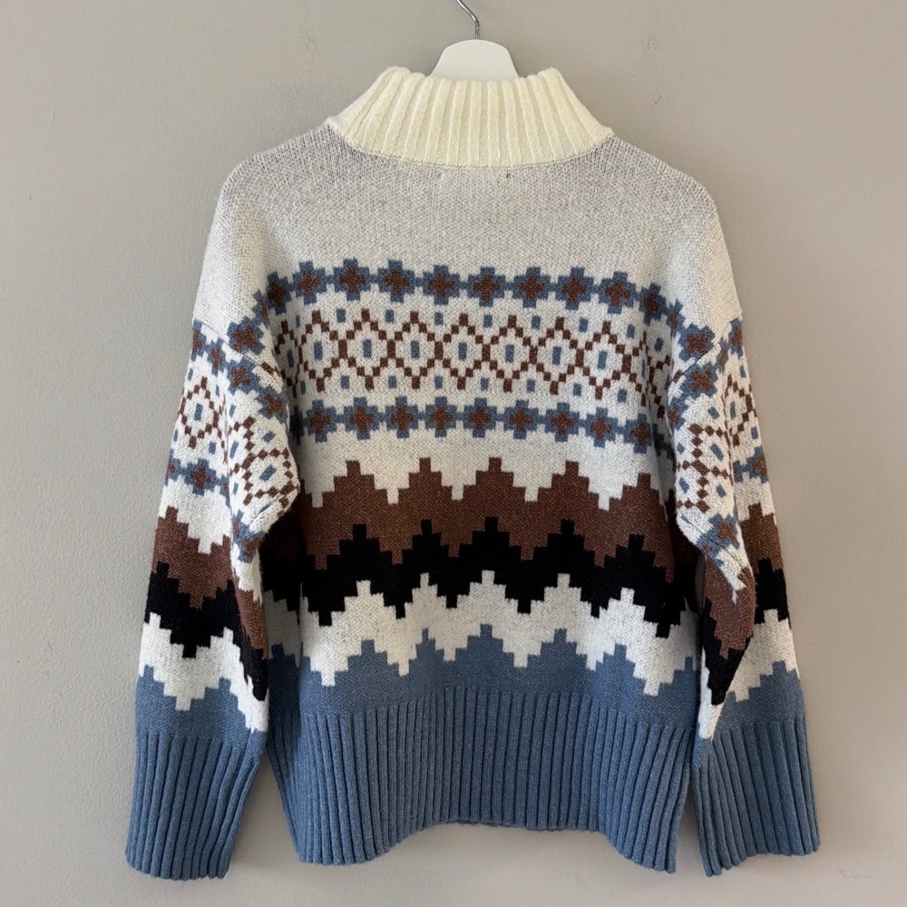 Joseph A Men Medium Fair Isle Mock Neck Geometric Sweater Blue Brown White - Picture 2 of 8